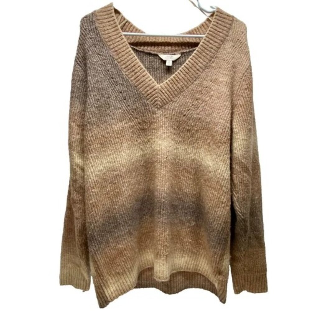 Terra & Sky V-Neck Sweater Women’s Plus 0X Tan Ombre Striped Knit Pullover Top